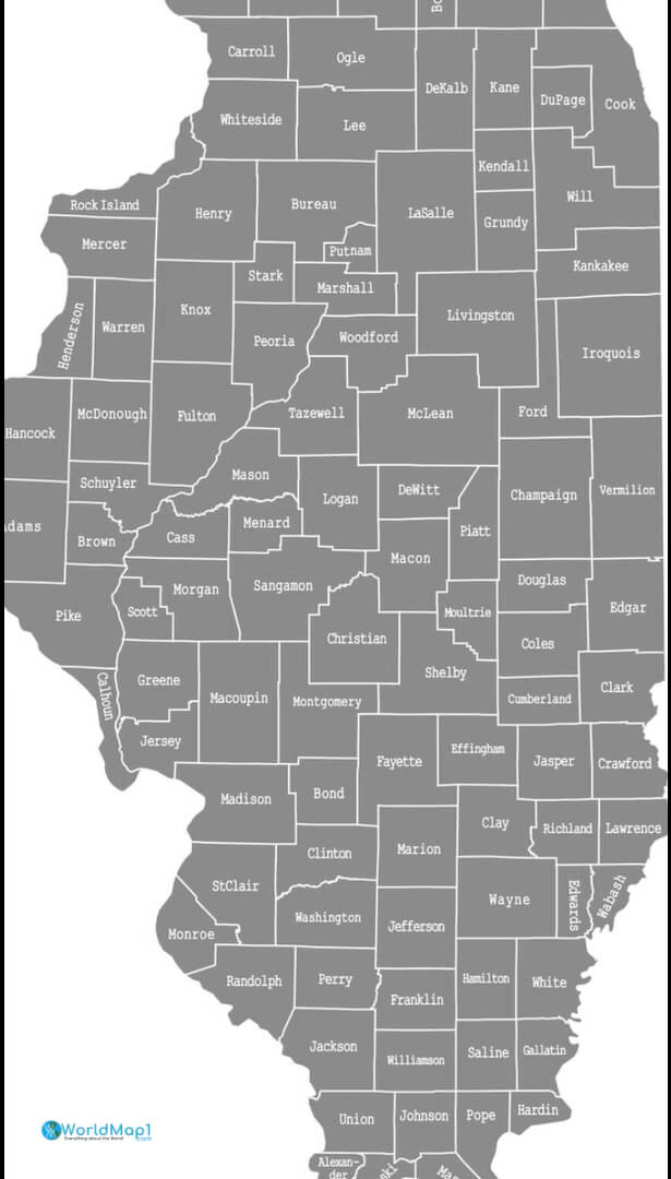 Illinois Blank and Outline Map with Counties Border